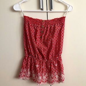 Strapless Floral Peplum Top w/ Lace Detail